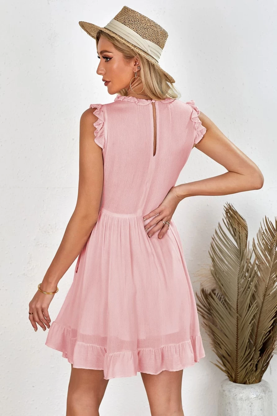 Shewin Women's Pink Ruffle Babydoll Mini Dress with Pockets - Casual Flowy Style