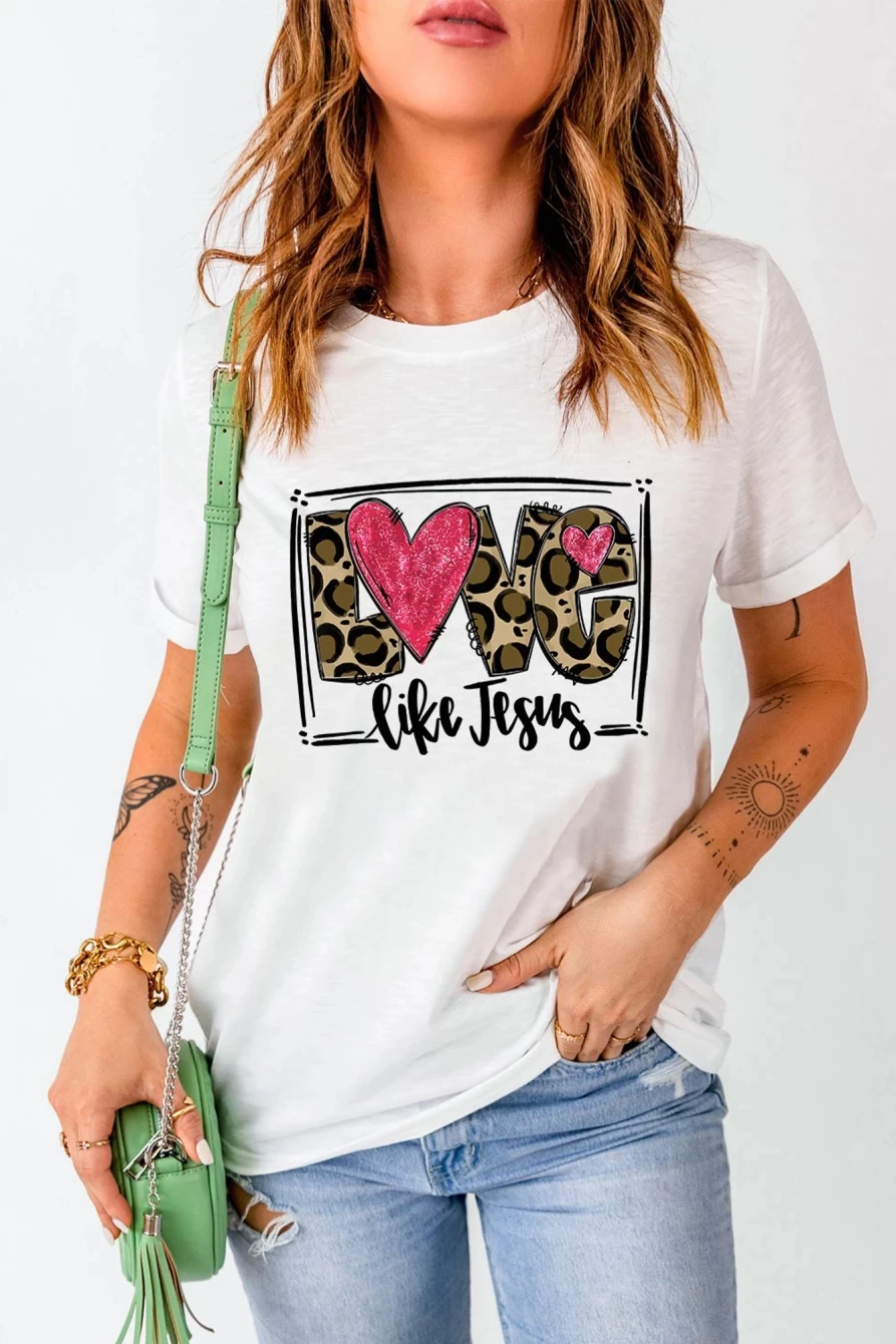 "Shewin Women's White Love Like Jesus Graphic Tee - Christian Crew Neck T-Shirt"