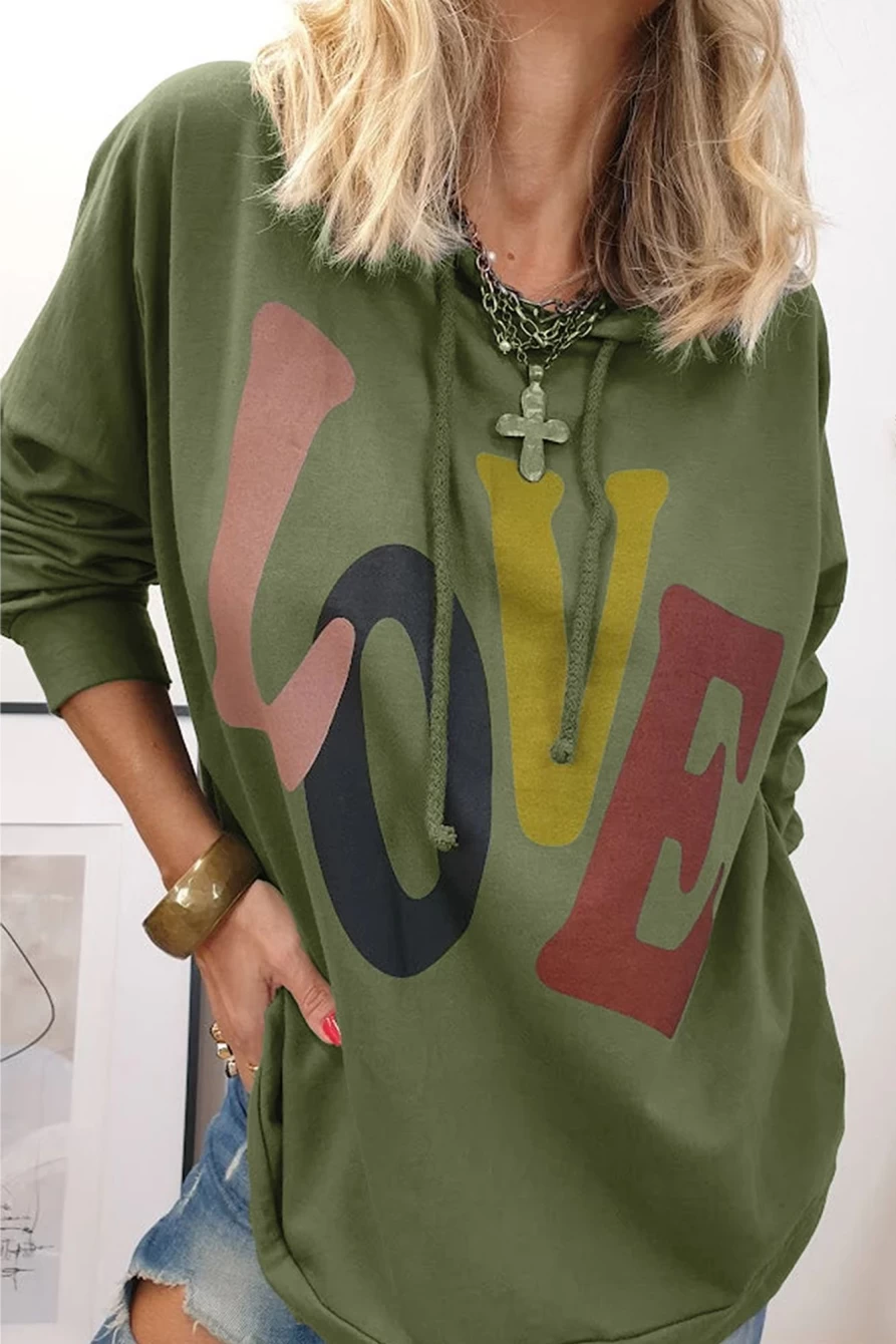 Shewin Women's Mist Green Oversized Drop Shoulder Hoodie with Love Letter Print