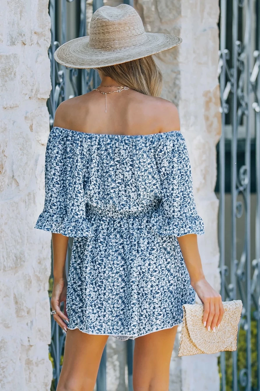 Shewin Women's Blue Floral Off-Shoulder Shirred Bell Sleeve Romper - Ditsy Print Summer Jumpsuit