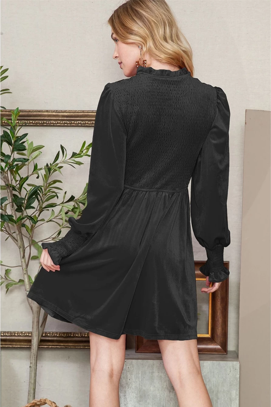 Shewin Women's Black Velvet Dress with Smocked Detail, Lantern Sleeves & Frilled Hem