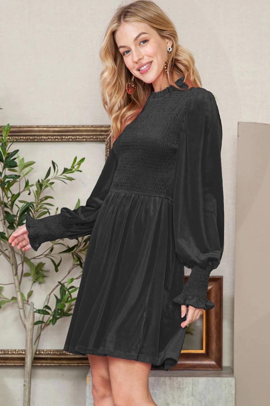 Shewin Women's Black Velvet Dress with Smocked Detail, Lantern Sleeves & Frilled Hem