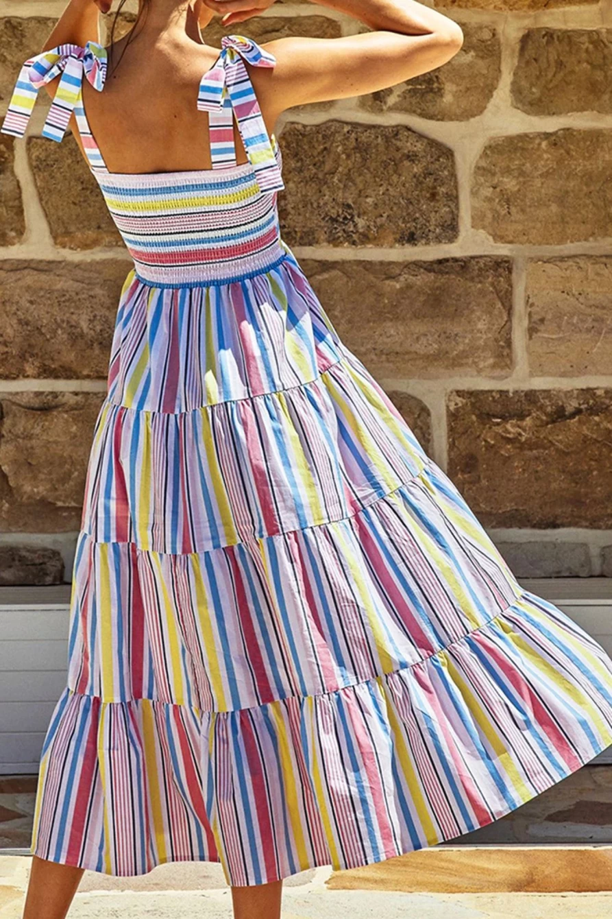 Shewin Women's Multicolour Striped Smocked Maxi Dress with Lace-Up Detail