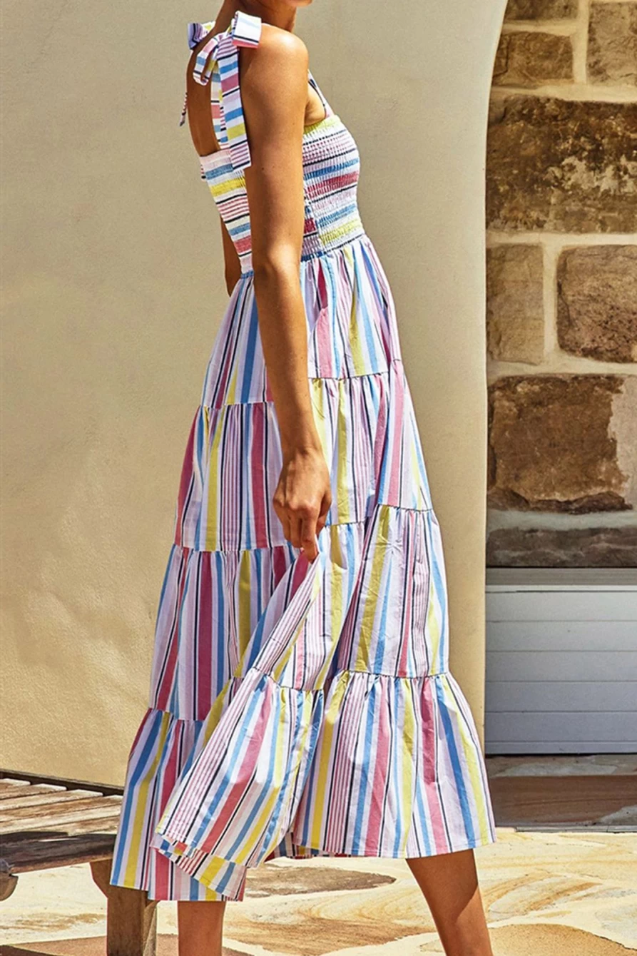 Shewin Women's Multicolour Striped Smocked Maxi Dress with Lace-Up Detail