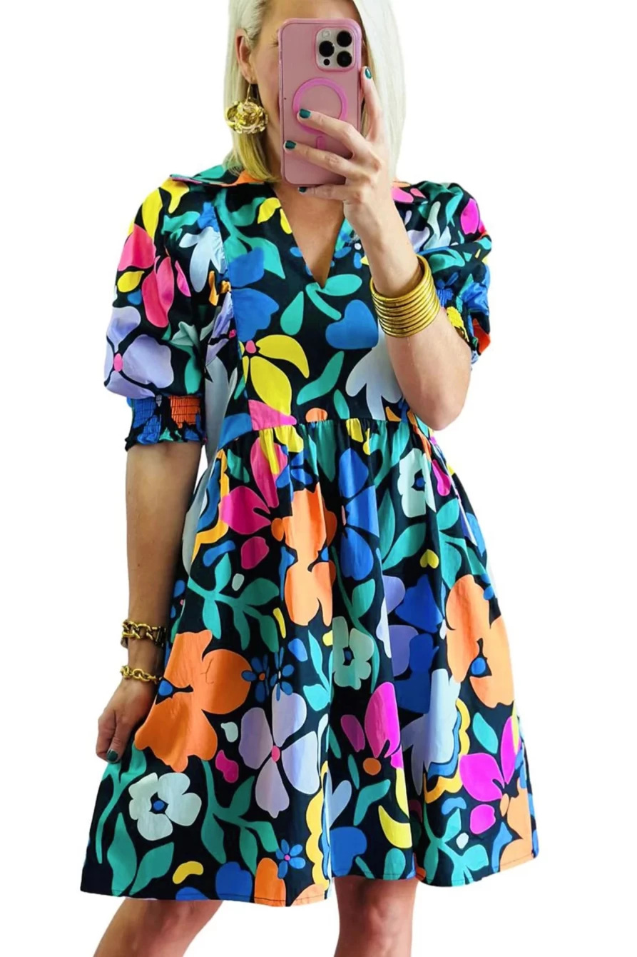 Shewin Women's Blue Floral Print Collared Split V-Neck Flared Mini Dress
