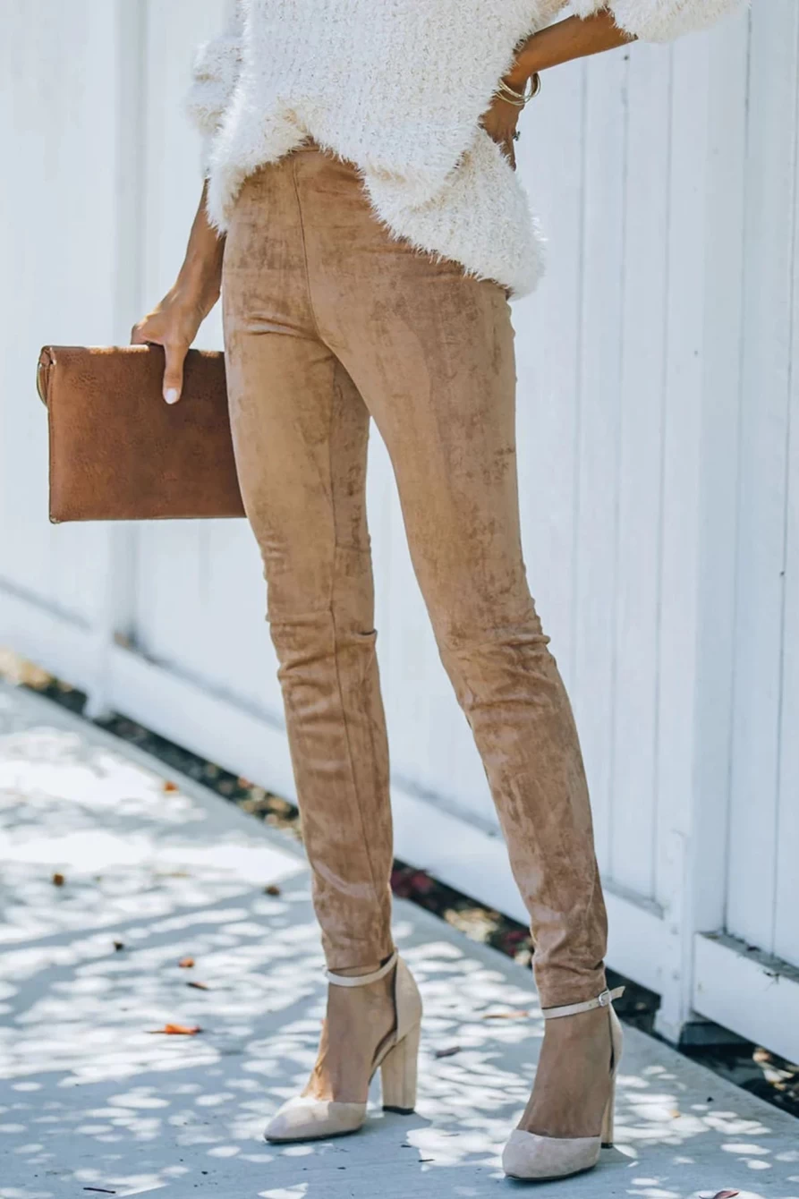 Shewin Women's Khaki Mid Rise Faux Suede Skinny Leggings