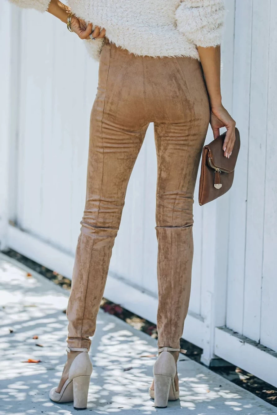 Shewin Women's Khaki Mid Rise Faux Suede Skinny Leggings