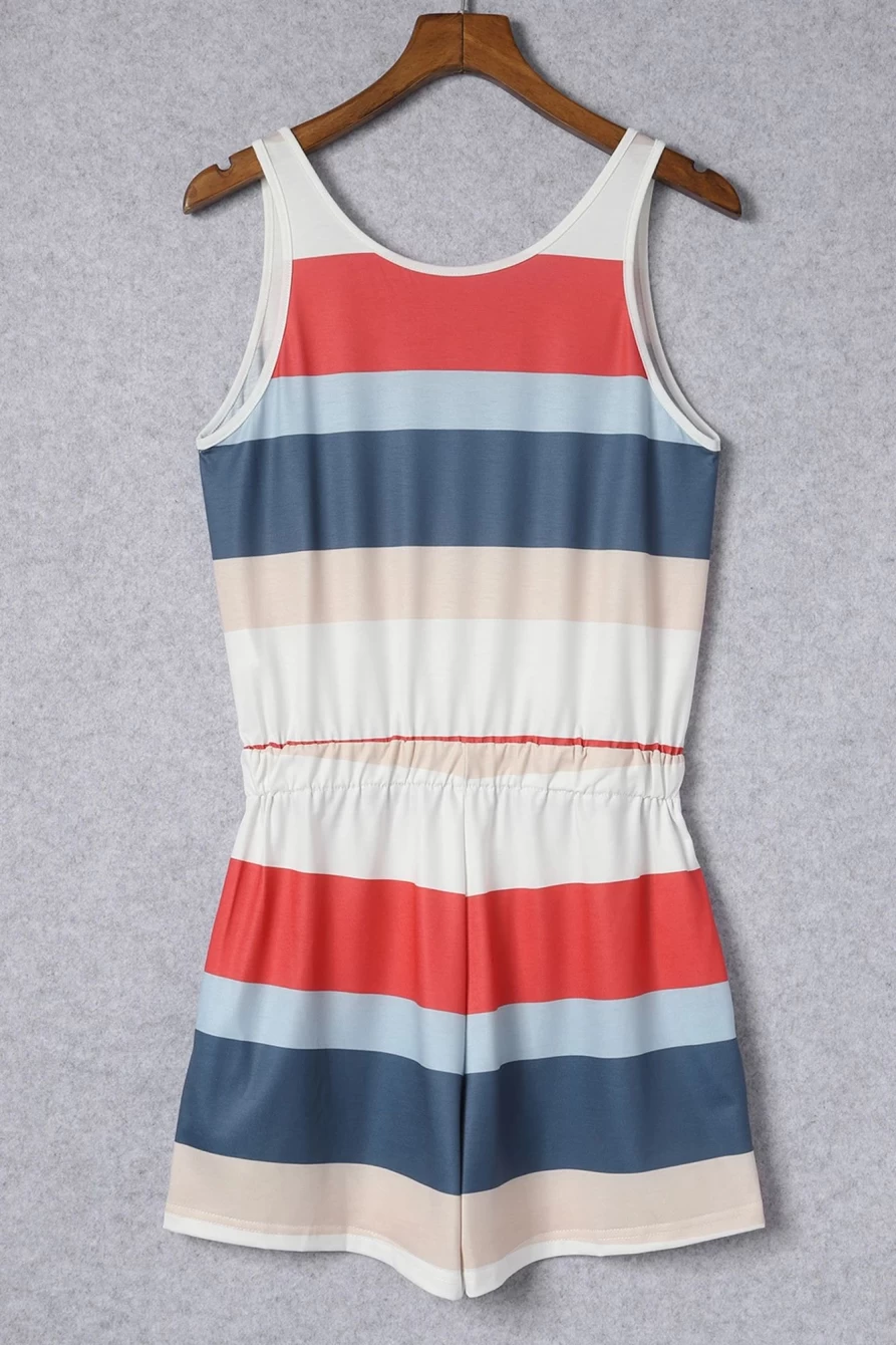 Shewin Women's Striped High Waist Lace-Up Sleeveless Romper - D Print Summer Jumpsuit