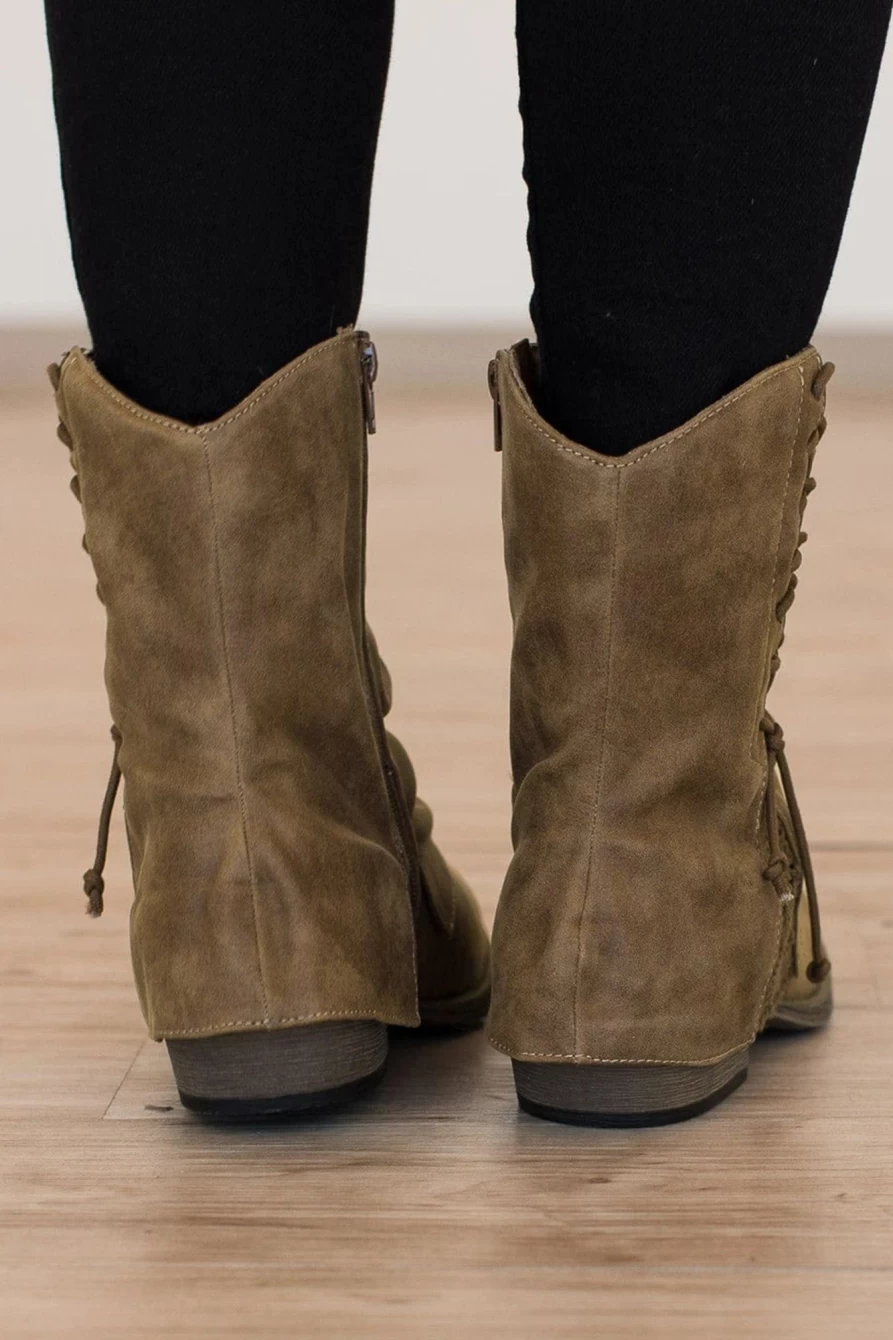 Shewin Women's Brown Faux Leather Ankle Boots with Lace Detail