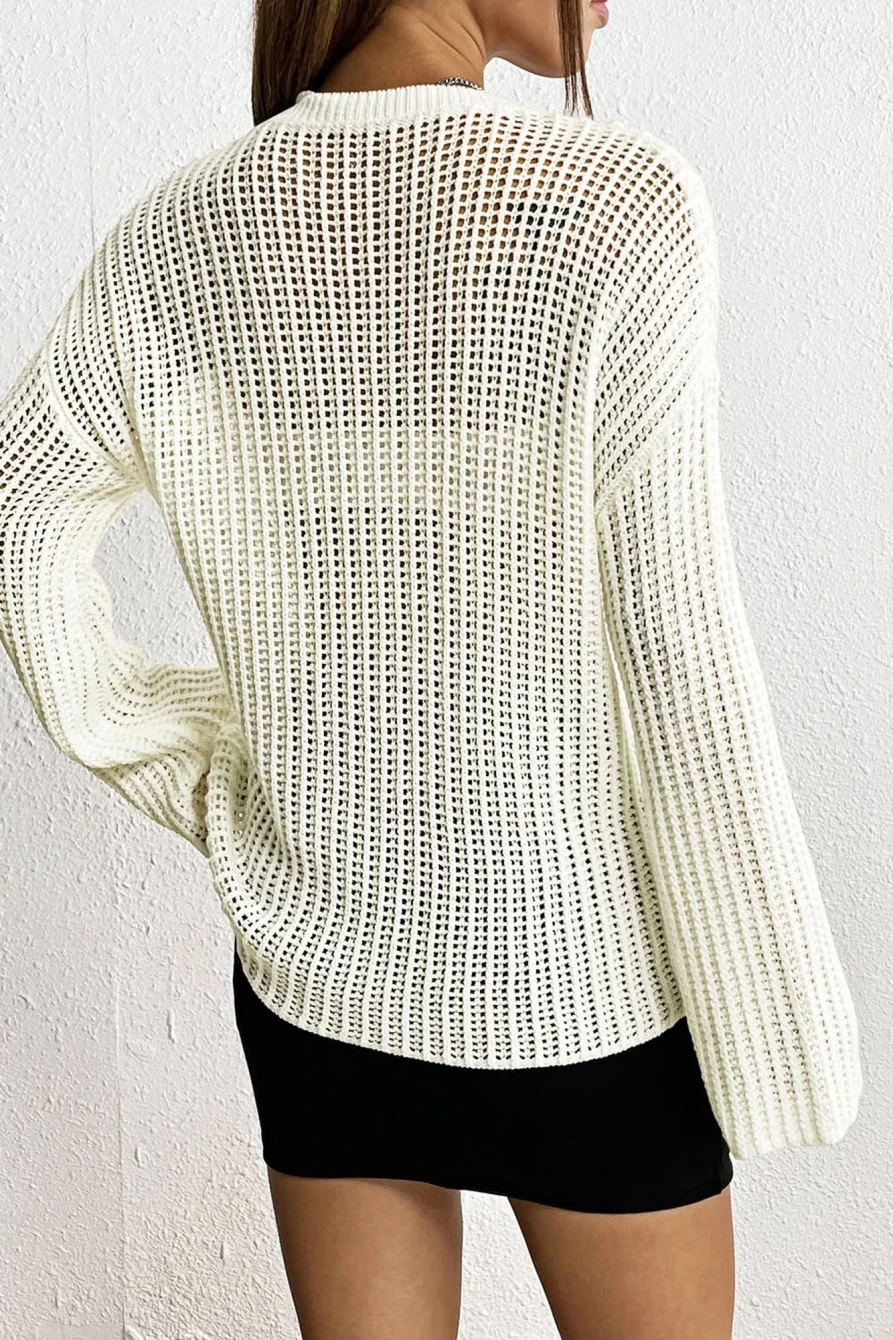 Shewin Women's White Star Pattern Lightweight Hollow Knit Sweater