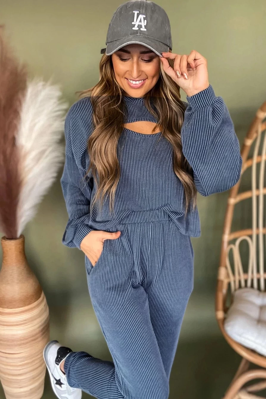 Shewin Women's Blue Striped Cutout Crop Top and High-Waisted Pants Set