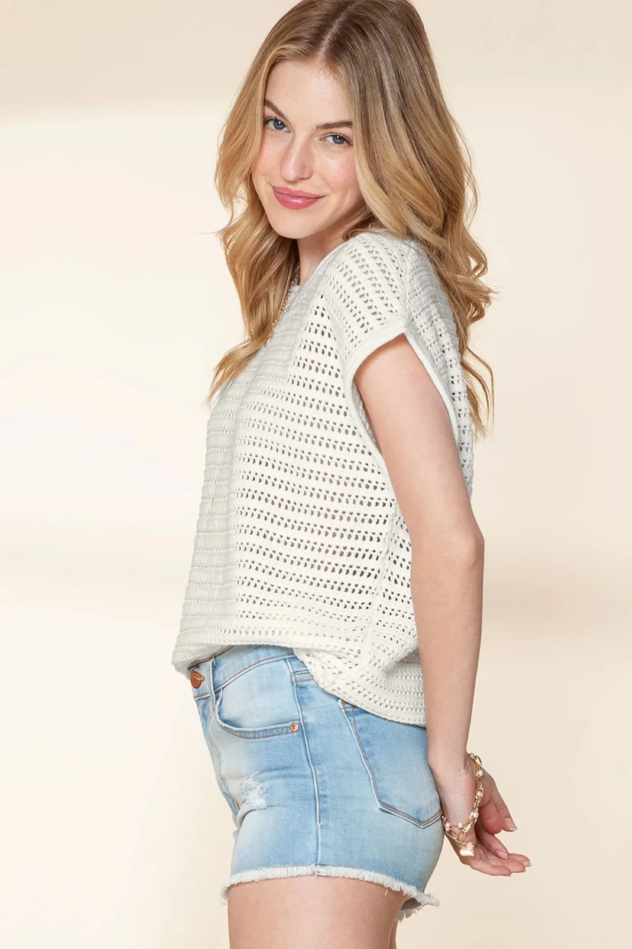 Women's Shewin White Hollow Out Knit Cap Sleeve Sweater - Lace Detailing Casual Top