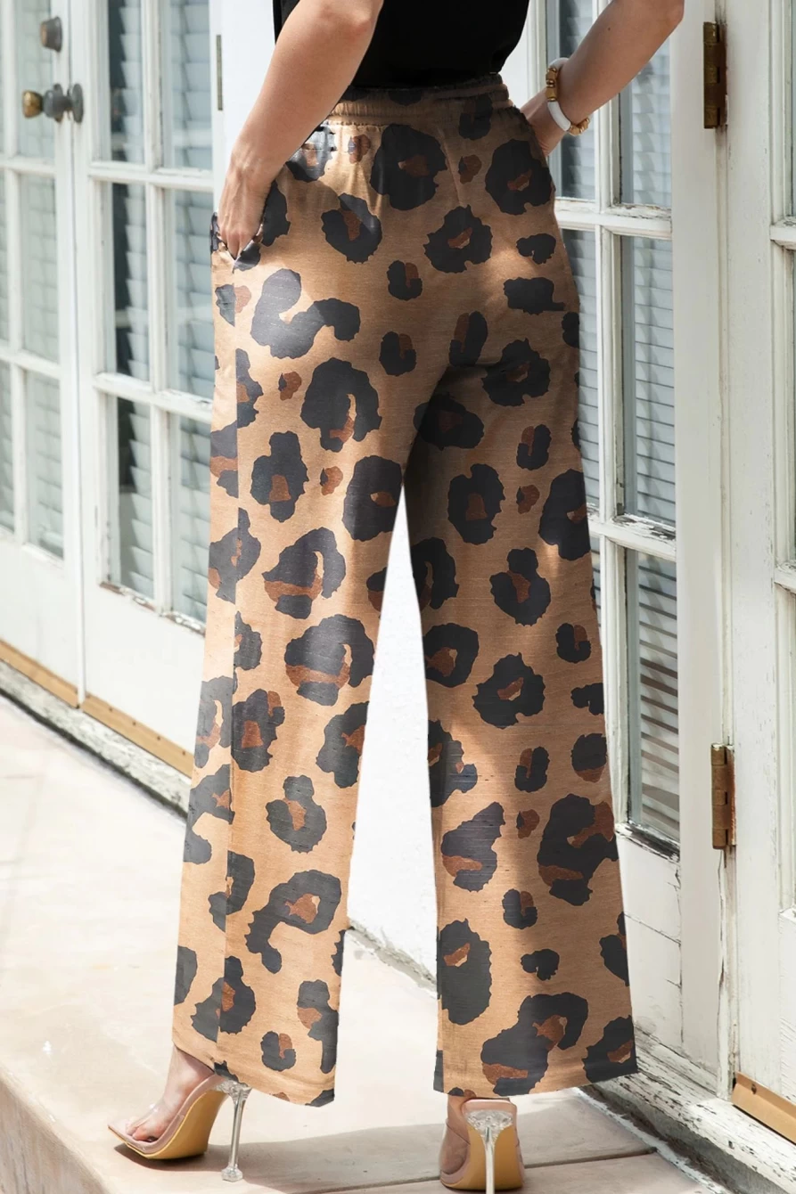 Shewin Women's Leopard Print Casual Drawstring Wide Leg Pants