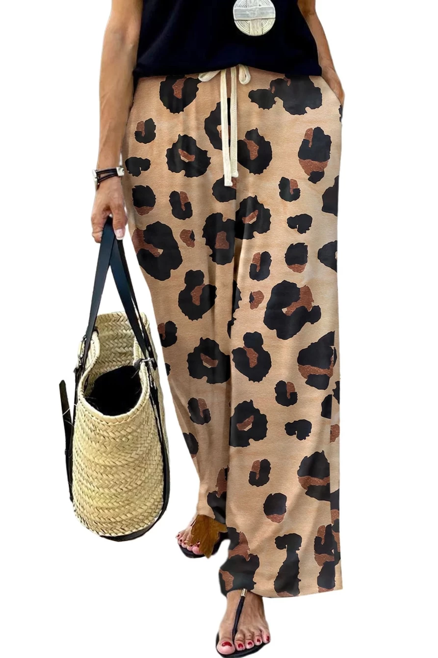 Shewin Women's Leopard Print Casual Drawstring Wide Leg Pants