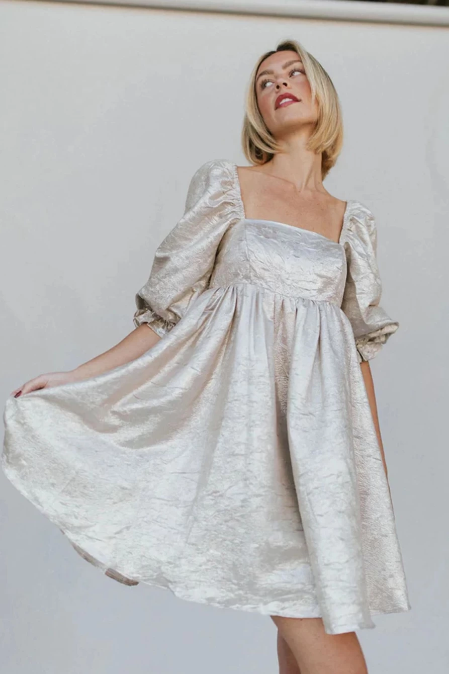 Shewin Women's Silvery Puff Sleeve Square Neck High Waist Mini Dress