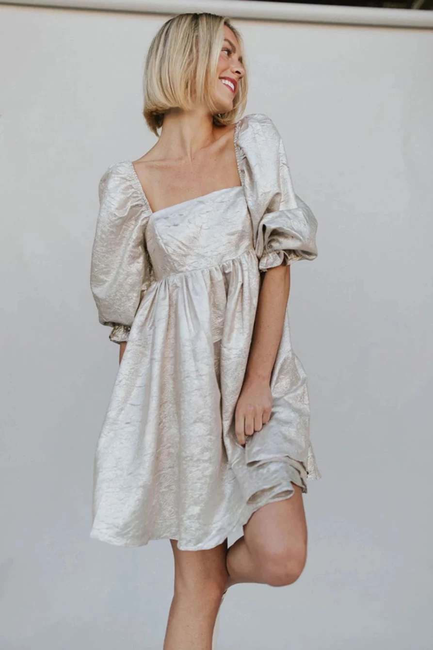 Shewin Women's Silvery Puff Sleeve Square Neck High Waist Mini Dress