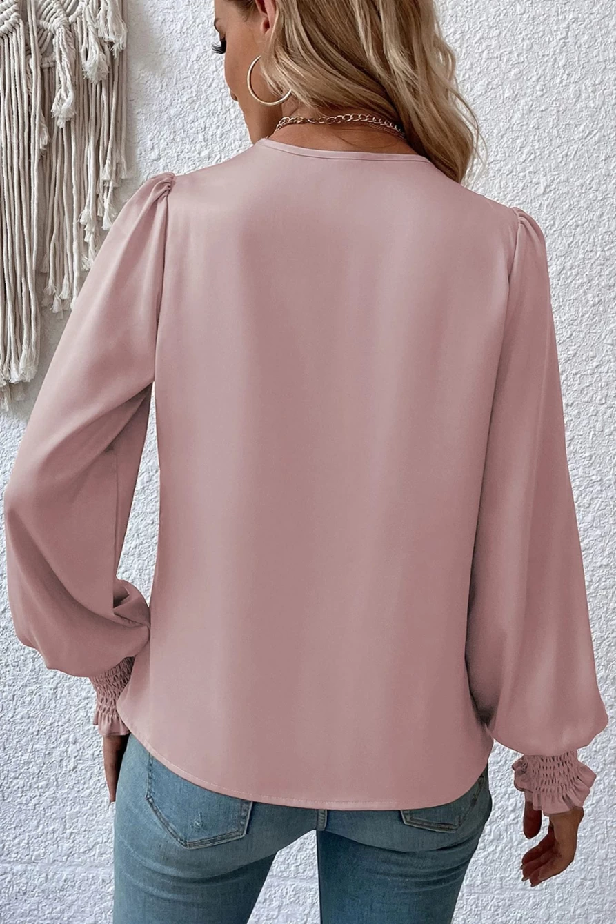 Shewin Women's Pink Basic Drape V-Neck Long Sleeve Blouse