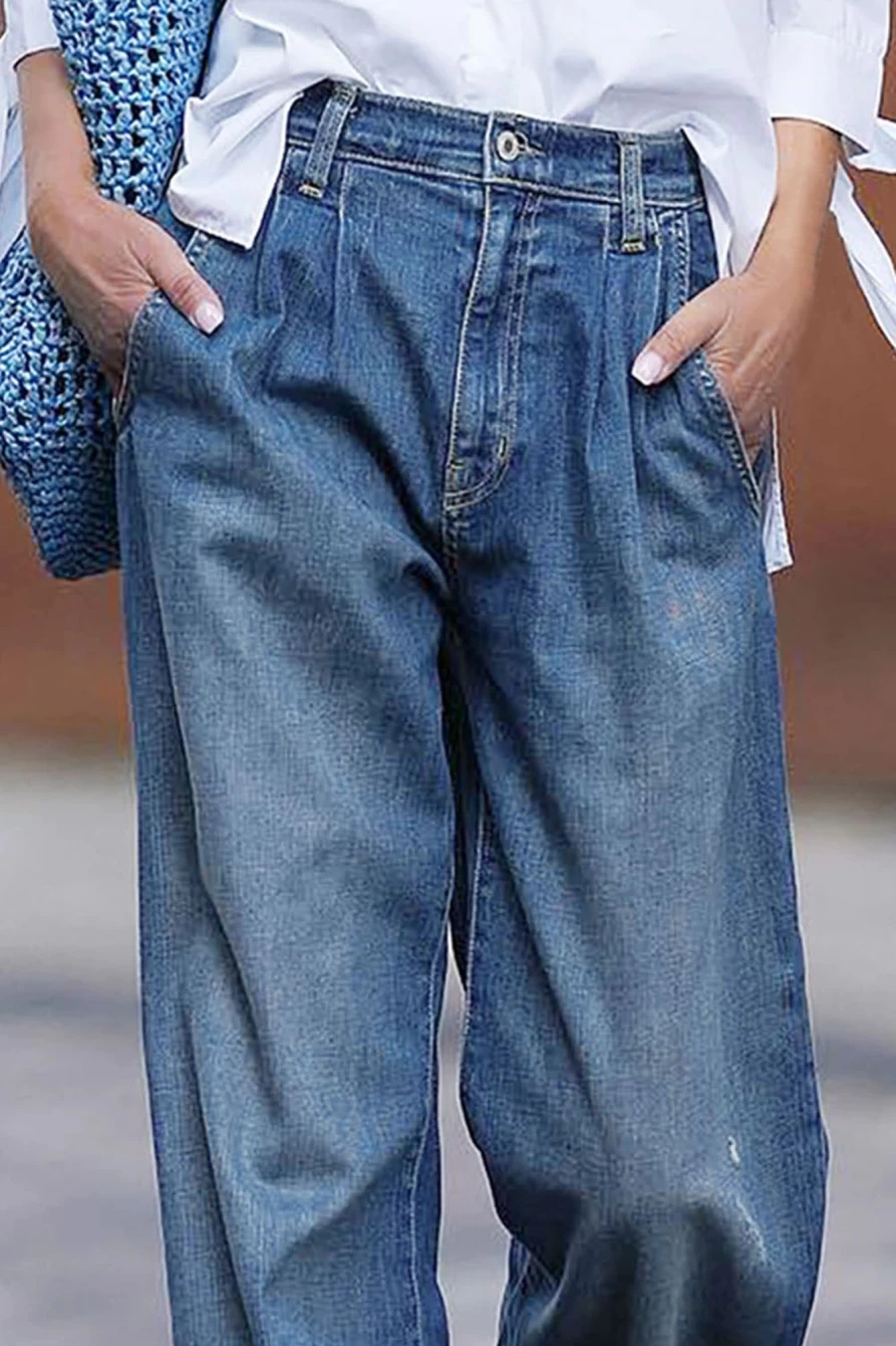 Shewin Women's Blue Wide Leg Jeans with Pockets - Slouchy Casual Denim