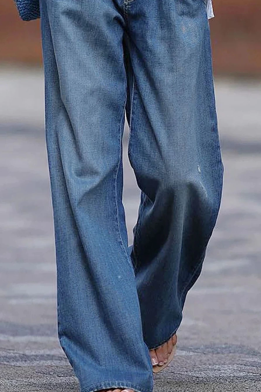 Shewin Women's Blue Wide Leg Jeans with Pockets - Slouchy Casual Denim