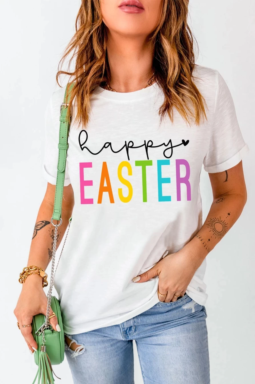"Shewin Women's White Happy Easter Graphic Round Neck T-Shirt"
