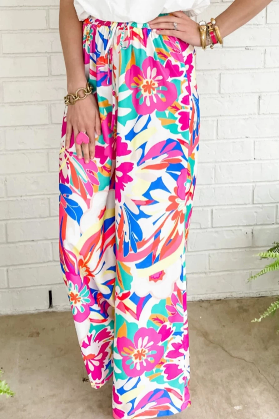 "SheWin Women's Boho Floral Print Rose Red Wide Leg Loose Pants"