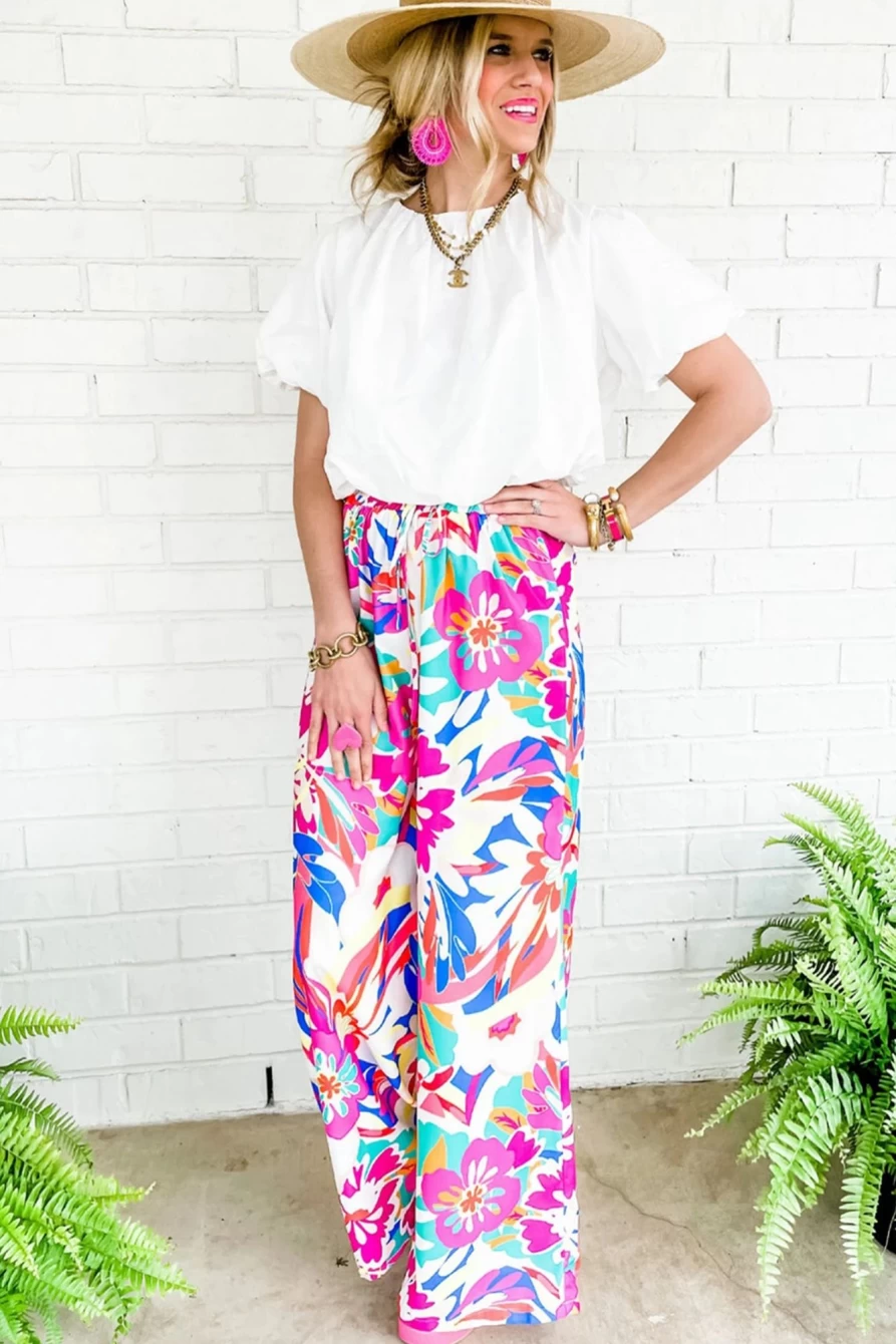 "SheWin Women's Boho Floral Print Rose Red Wide Leg Loose Pants"