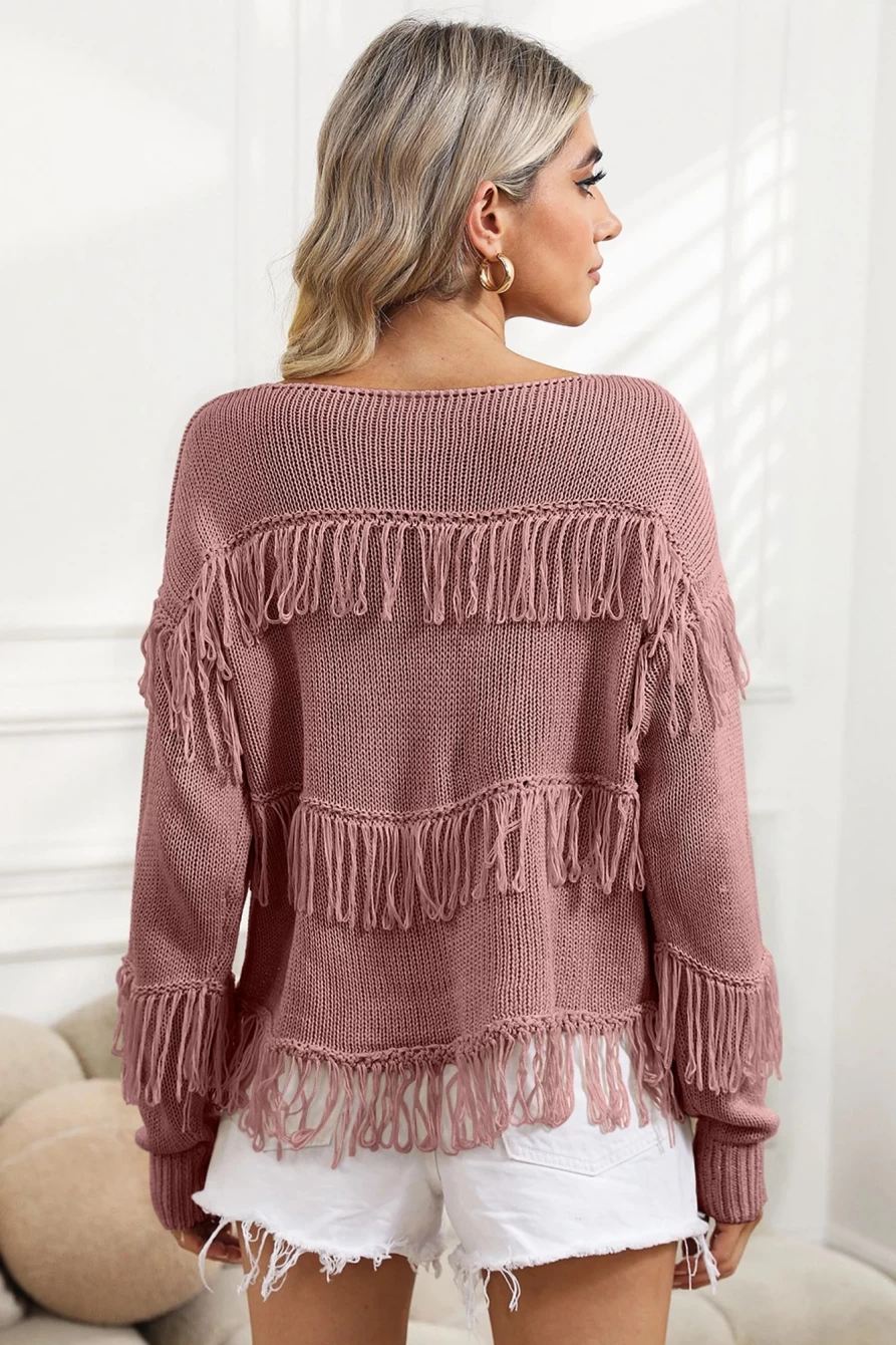 Shewin Women's Pink Boho Fringe Tasseled Knitted Sweater Cozy Casual Pullover