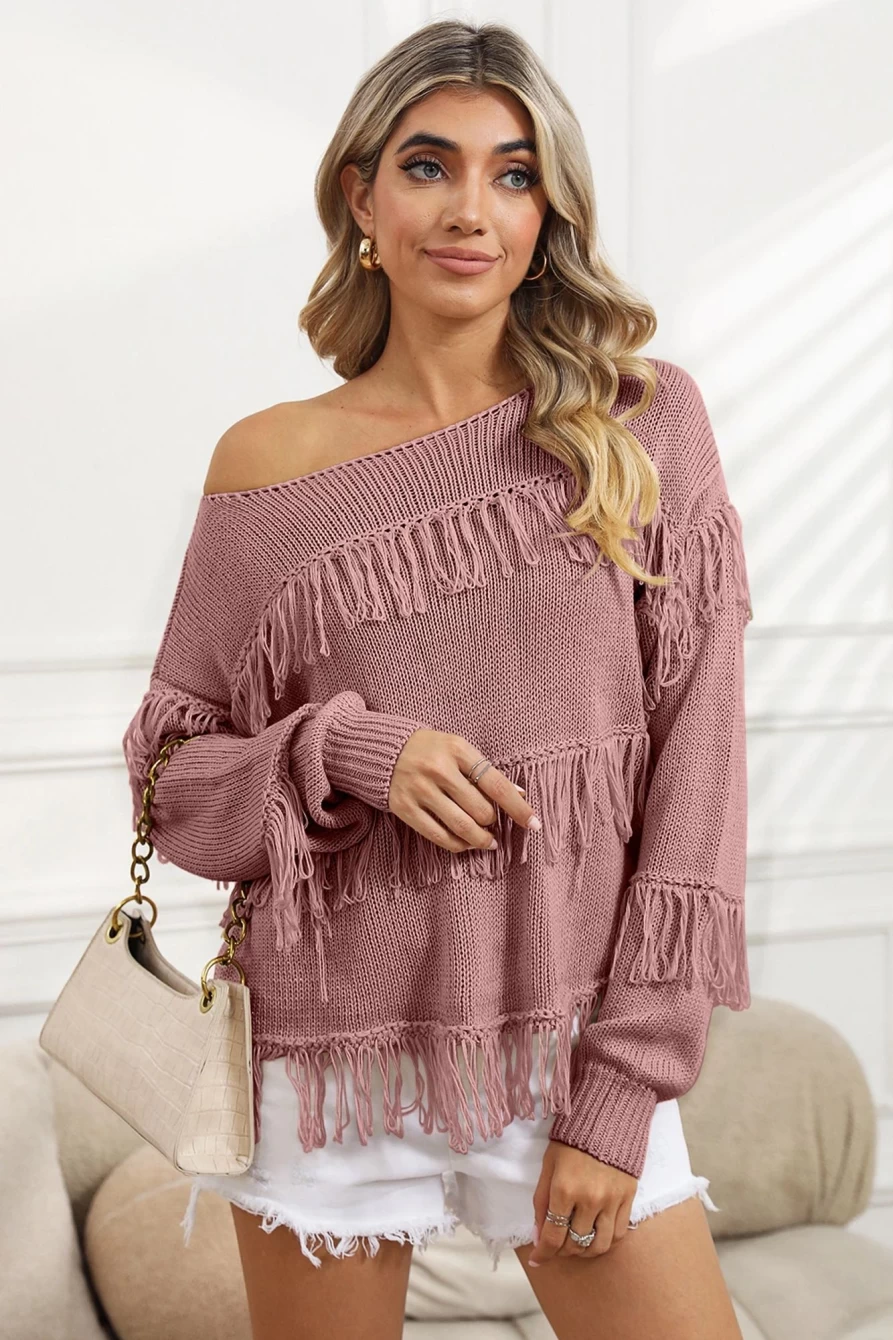 Shewin Women's Pink Boho Fringe Tasseled Knitted Sweater Cozy Casual Pullover