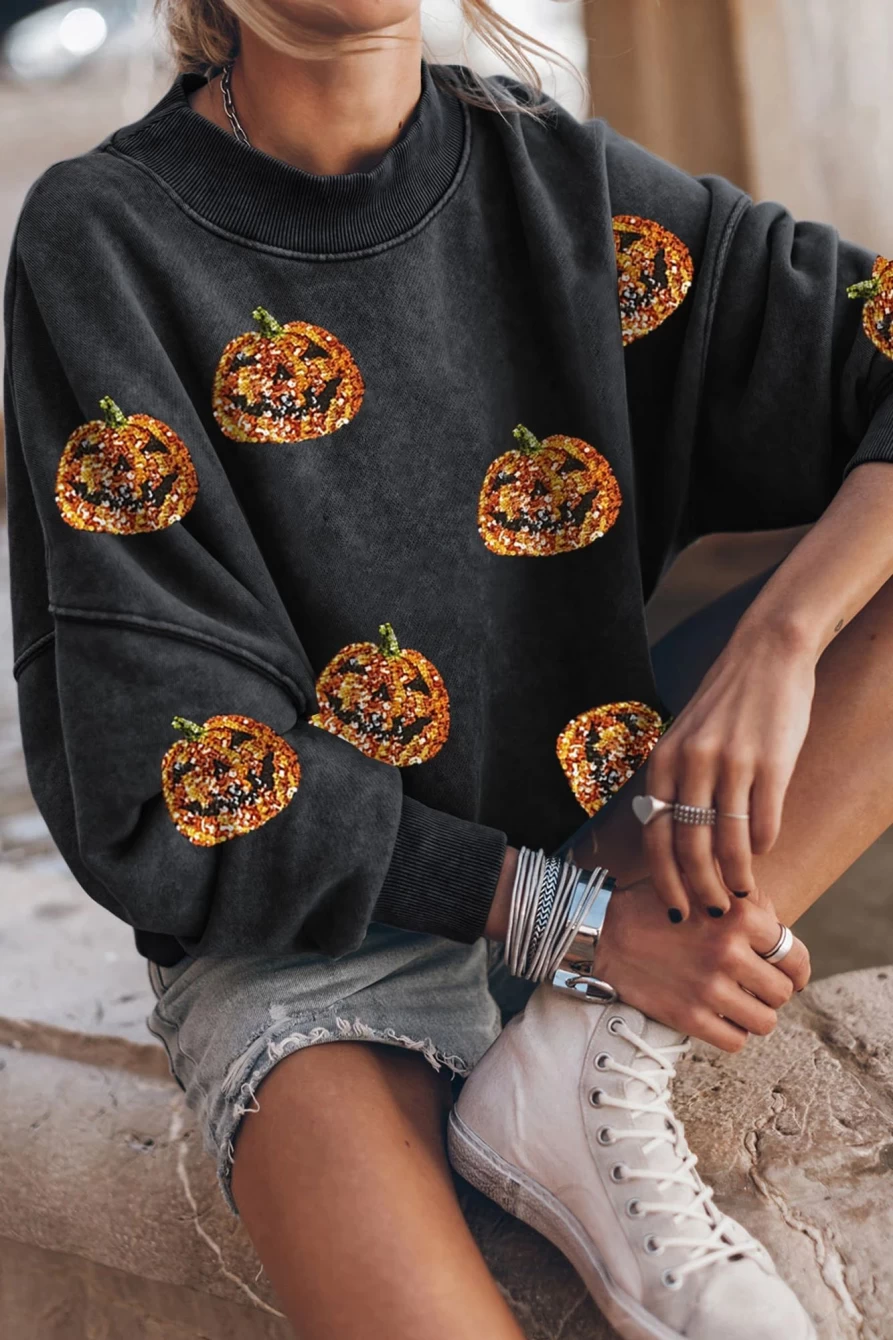 Shewin Women's Black Halloween Pumpkin Graphic Drop Shoulder Sweatshirt