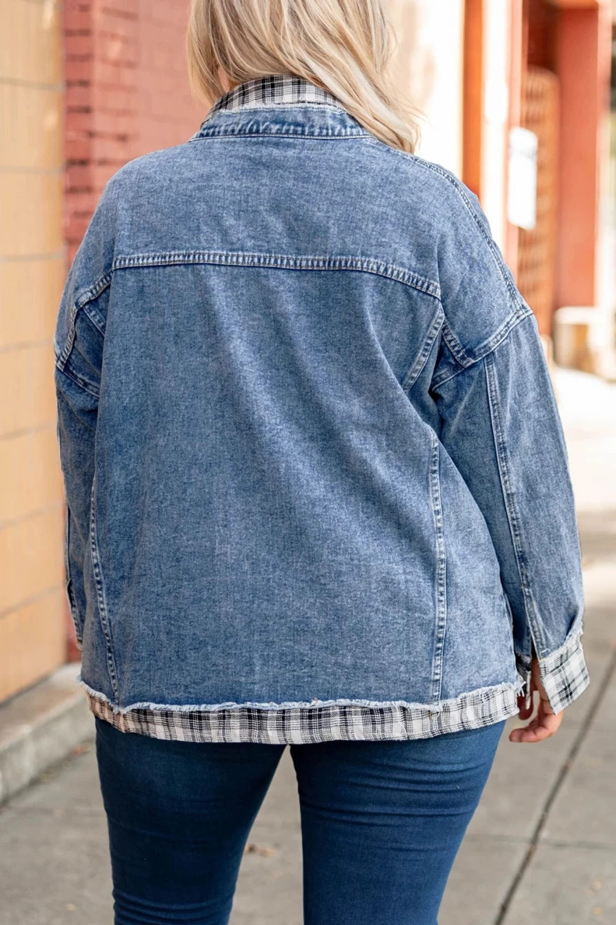 "Shewin Women's Sky Blue Plus Size Denim Jacket with Plaid Hem Splicing Detail"