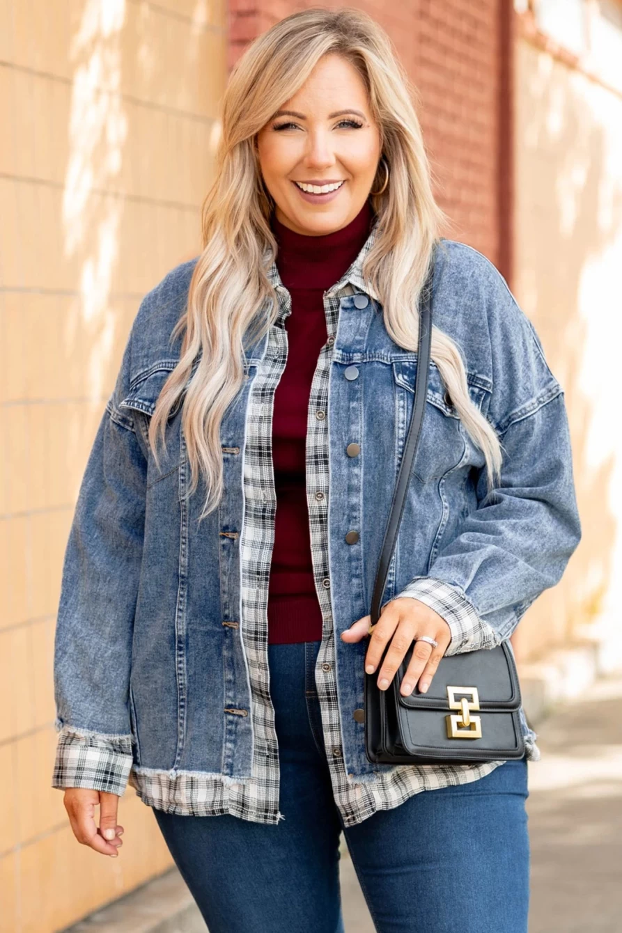 "Shewin Women's Sky Blue Plus Size Denim Jacket with Plaid Hem Splicing Detail"