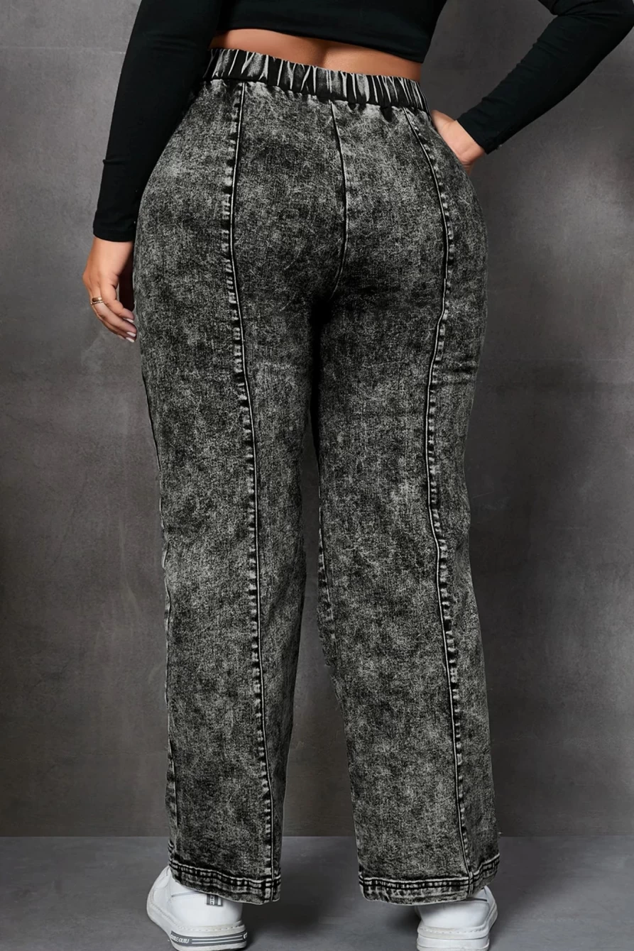 Shewin Women's Plus Size Black Tie Dye Wide Leg Jeans with Drawstring & Splicing Detail