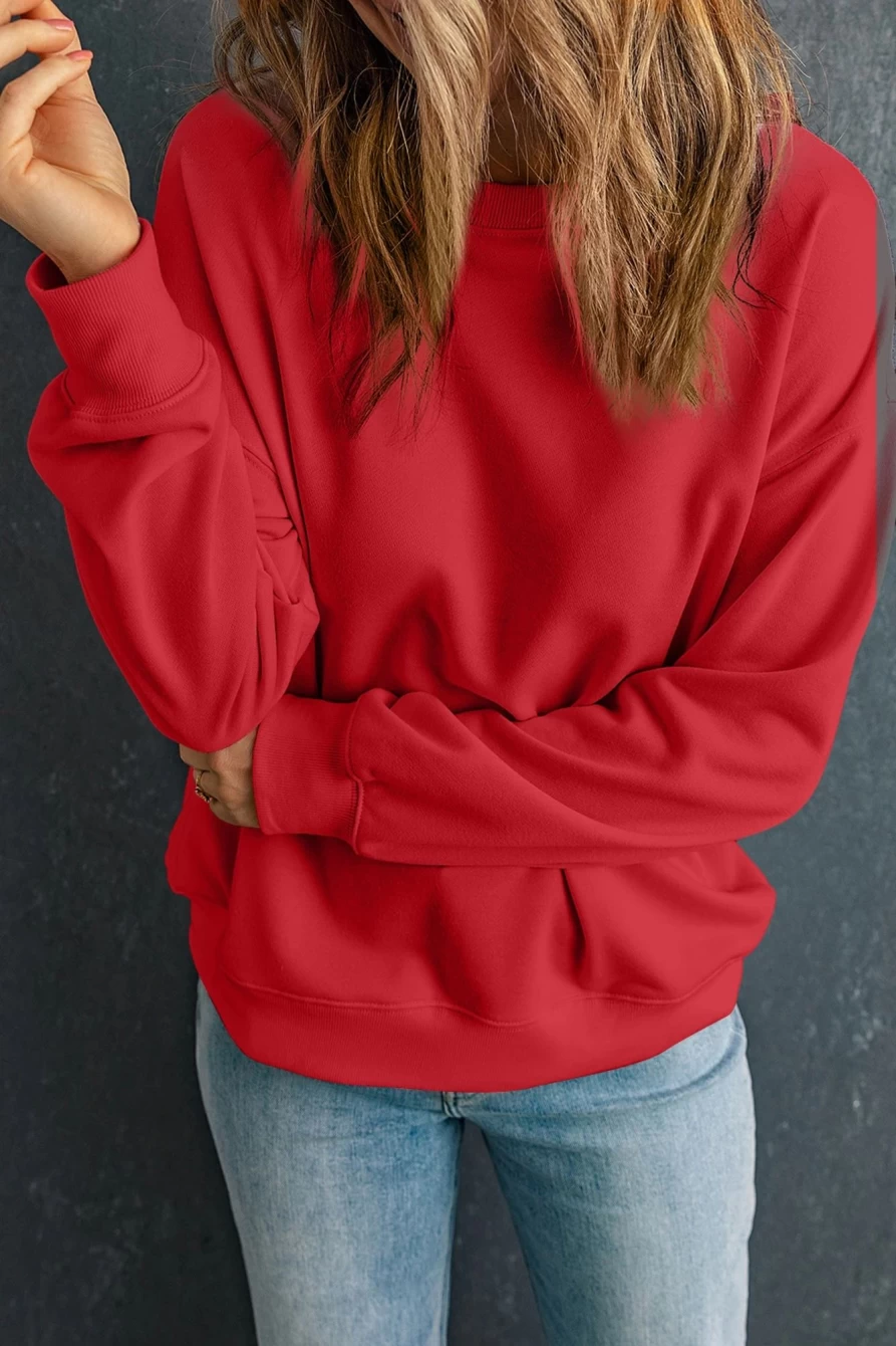 Women's Shewin Red Solid Color Classic Crewneck Pullover Sweatshirt - Soft Casual Long Sleeve Comfort Fit Sweater