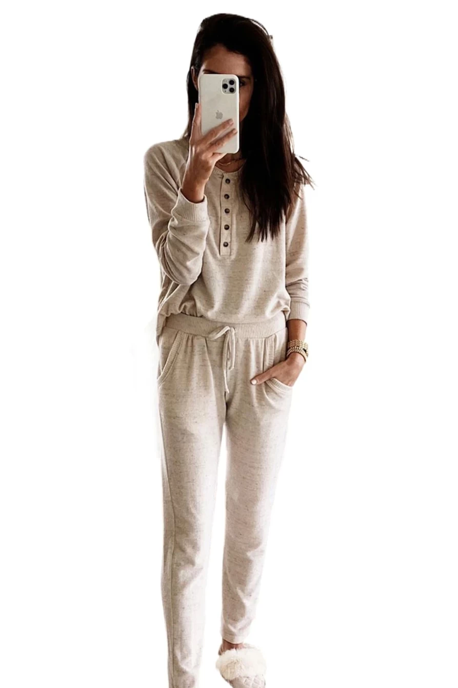 Shewin Women's Apricot Long Sleeve Button-Up Top & Drawstring Pants Lounge Set