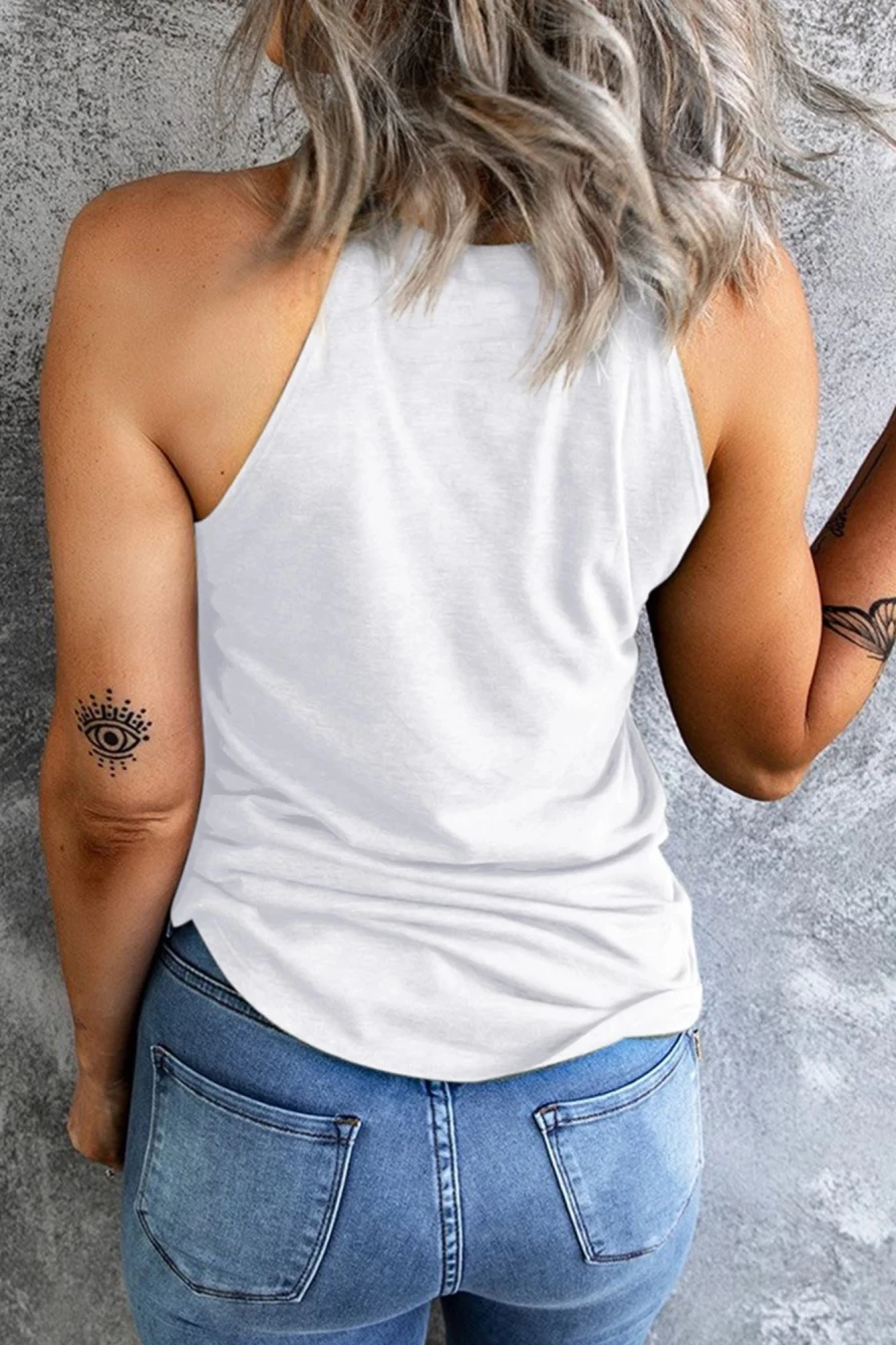 Shewin Women's White Sequin Flower Patch Graphic Tank Top for Women