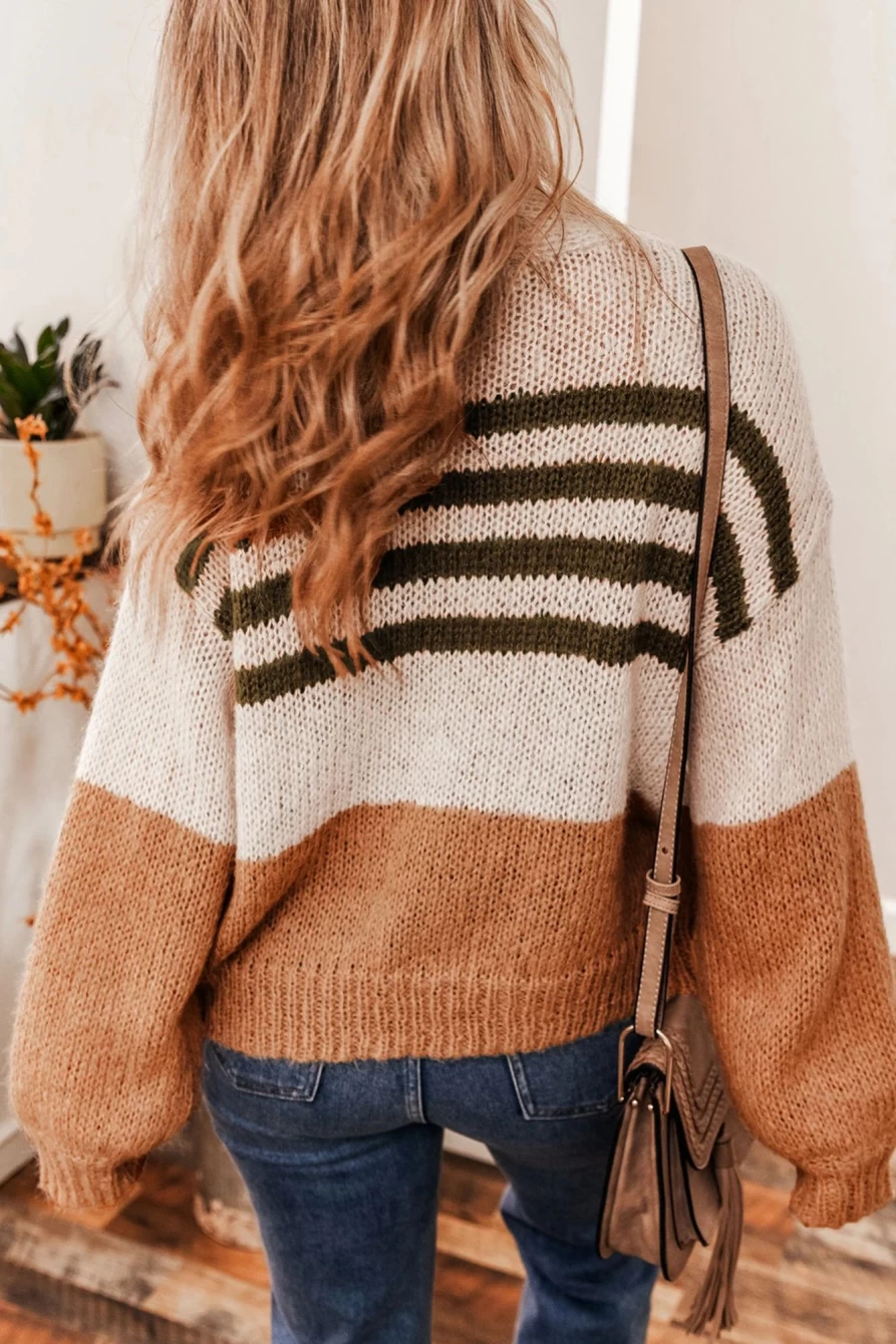 Shewin Women's Camel Colorblock Striped Open Front Cardigan Sweater