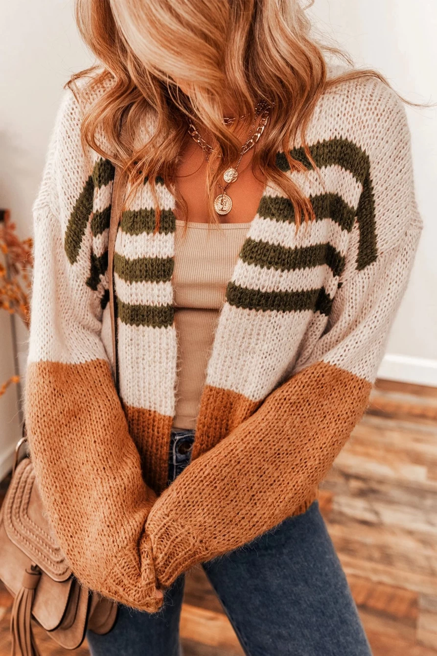 Shewin Women's Camel Colorblock Striped Open Front Cardigan Sweater