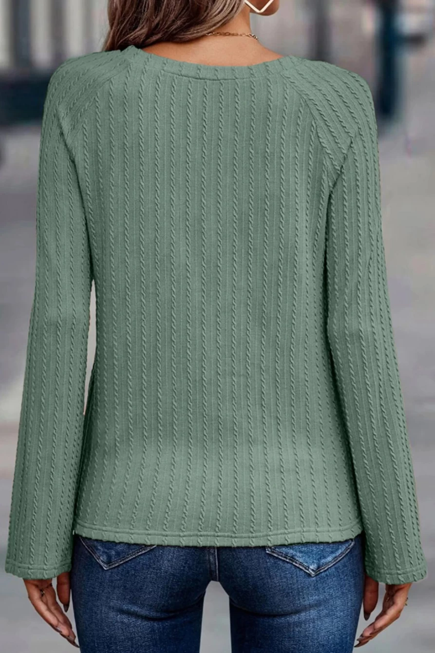 Shewin Women's Green Ribbed Knit Long Sleeve Round Neck Top