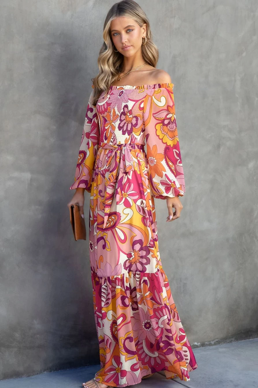Shewin Women's Multicolour Boho Floral Off-Shoulder Smocked Maxi Dress with Puff Sleeves