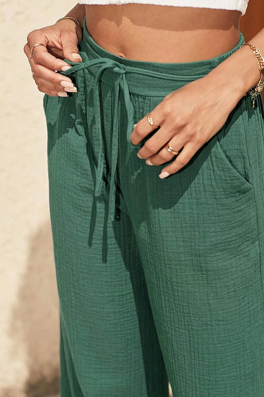Shewin Women's Mist Green Crinkled High-Waist Tied Wide Leg Pants