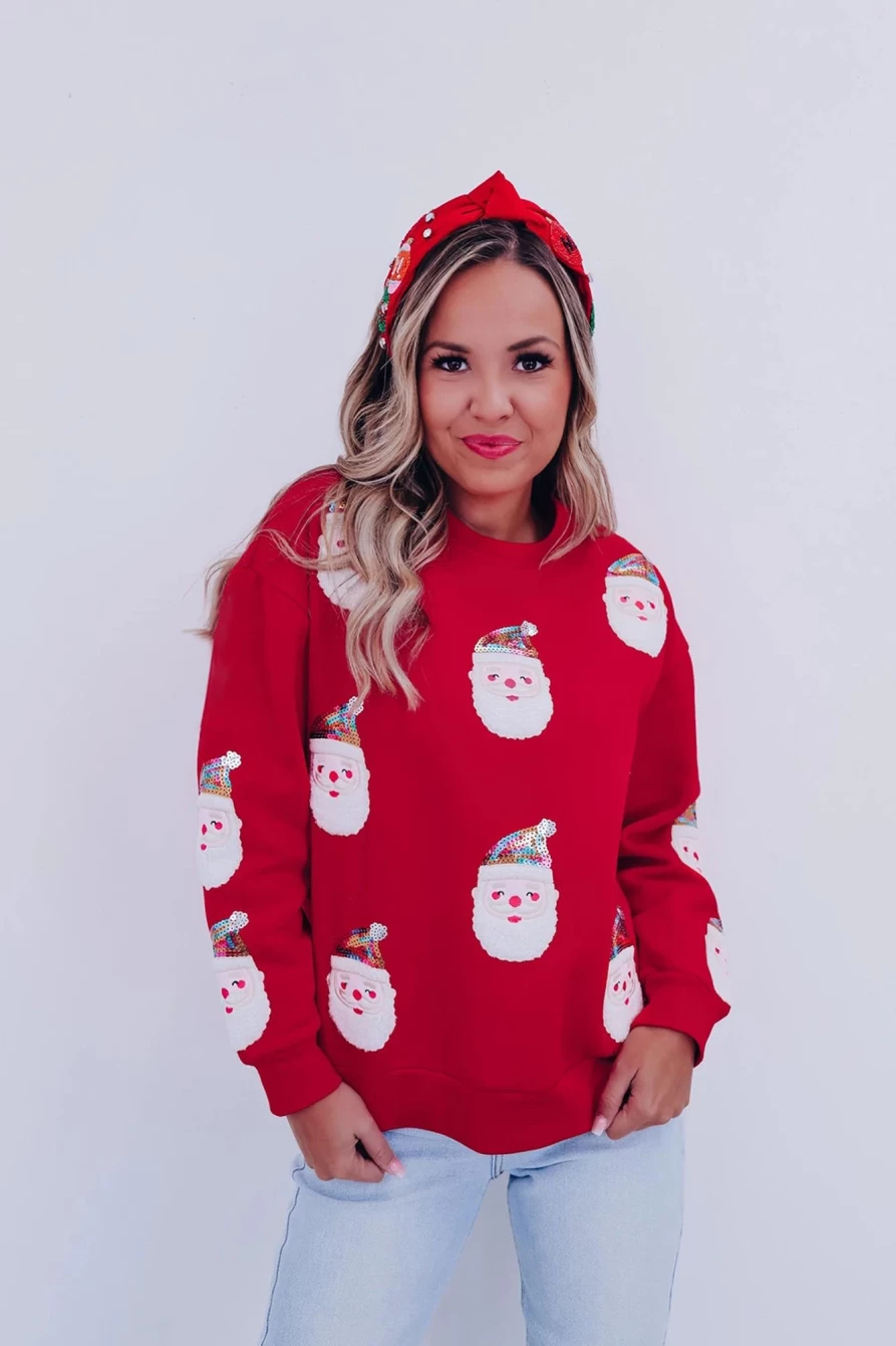 Women's Red-2 Shewin Santa Claus Christmas Graphic Print Sweatshirt Holiday Pullover