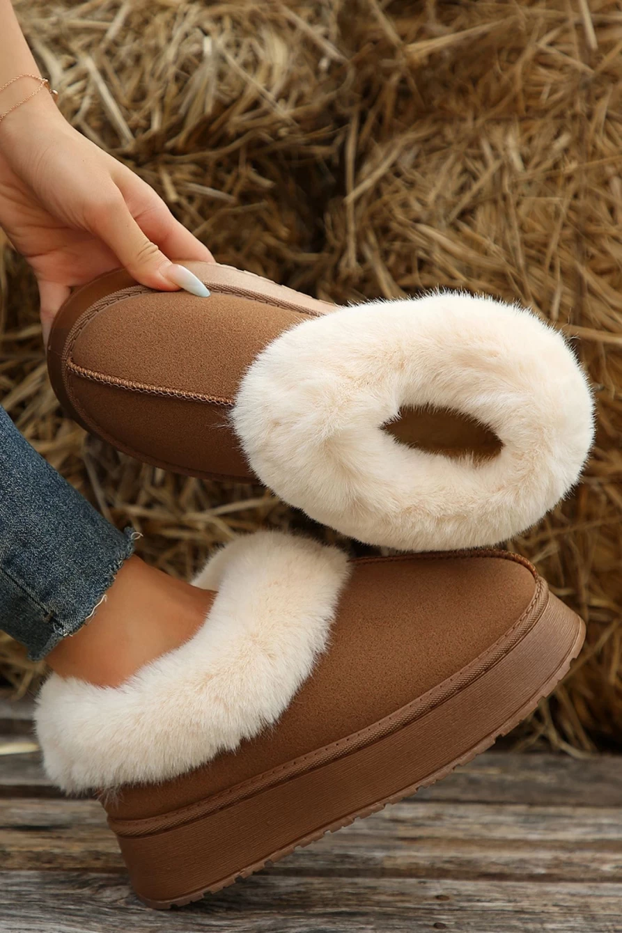 Shewin Women's Chestnut Plush Suede Trim Flat Snow Boots with Thick Sole