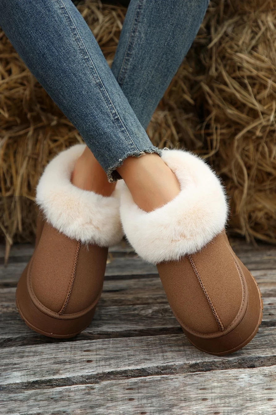 Shewin Women's Chestnut Plush Suede Trim Flat Snow Boots with Thick Sole