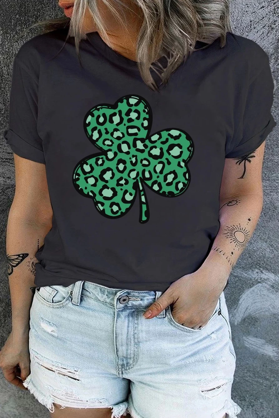 Shewin Women's Black Plus Size Casual Leopard Print Graphic Tee