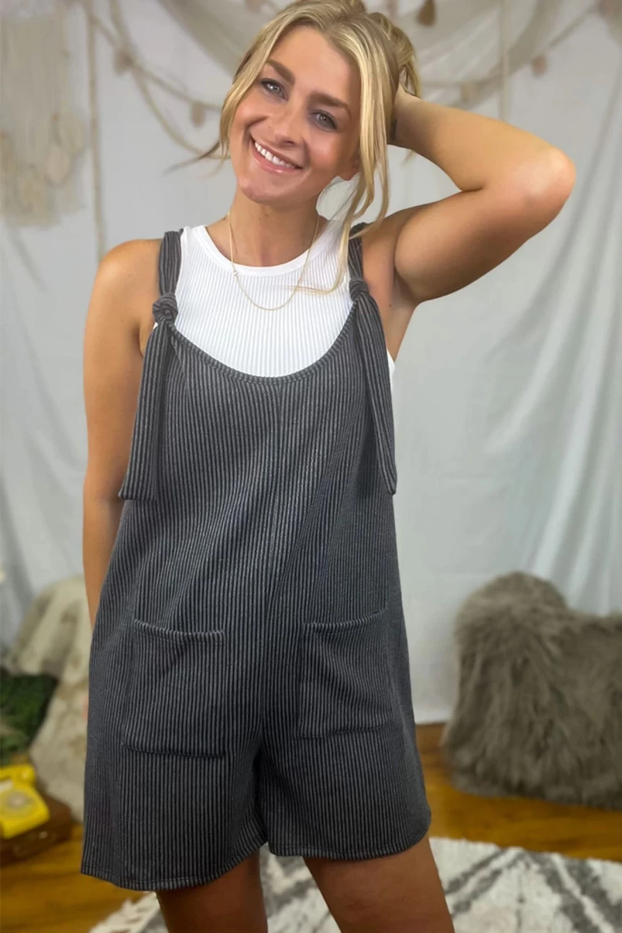 Shewin Women's Dark Grey Ribbed Romper with Striped Detail, Knotted Straps, and Pockets