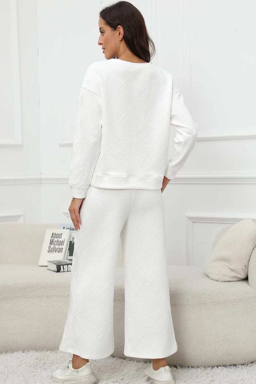 Shewin Women's White Textured Loose Slouchy Long Sleeve Top and Pants Set
