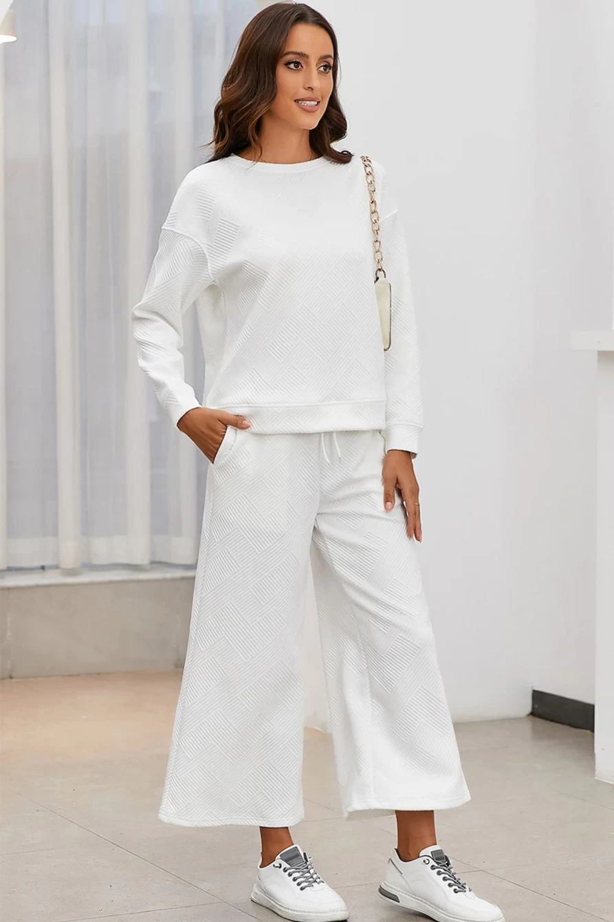 Shewin Women's White Textured Loose Slouchy Long Sleeve Top and Pants Set