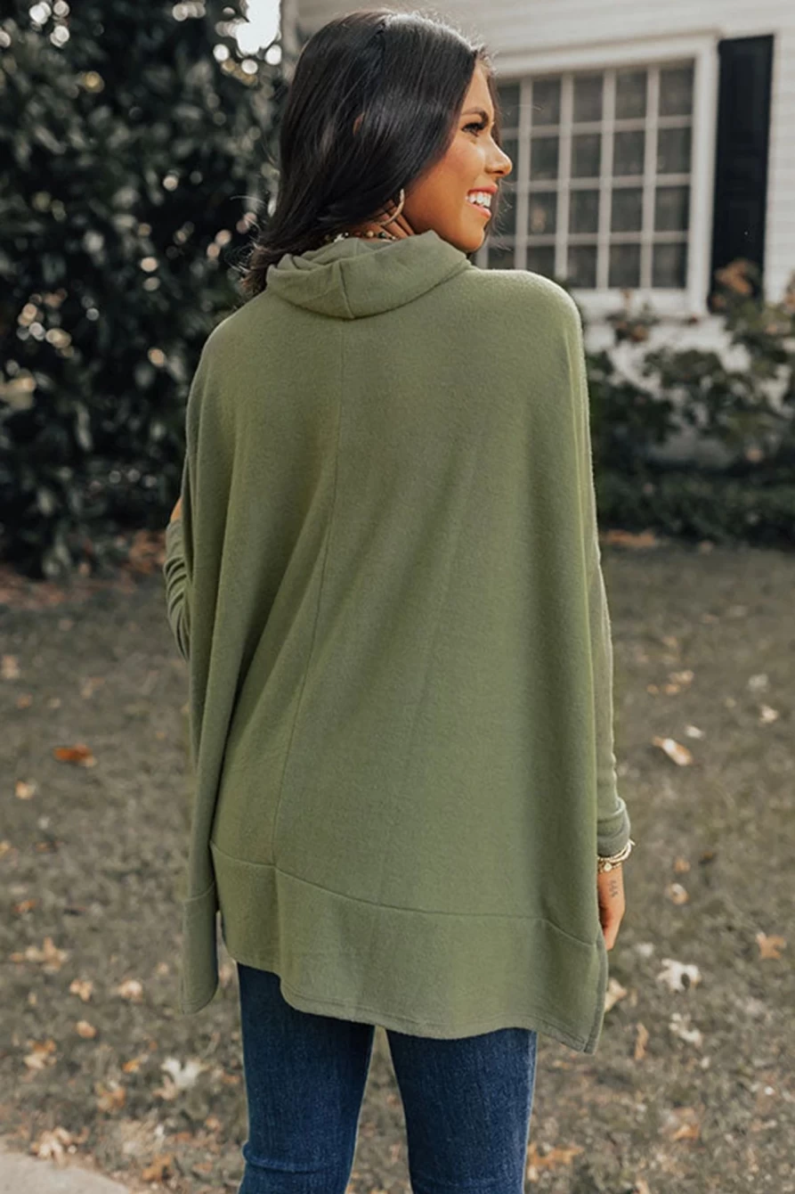 Shewin Women's Jungle Green Cowl Neck Loose Fit Tunic Top
