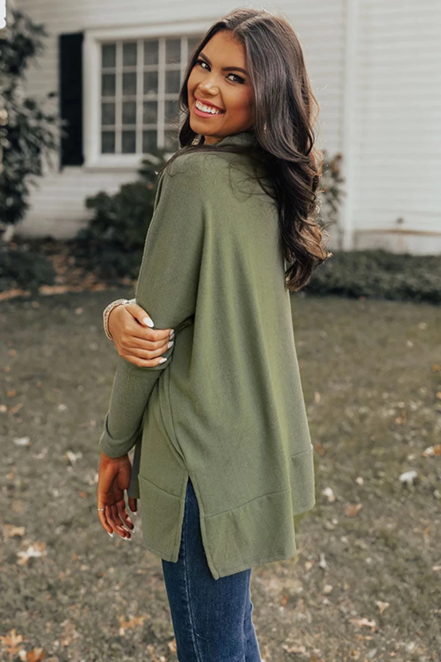 Shewin Women's Jungle Green Cowl Neck Loose Fit Tunic Top