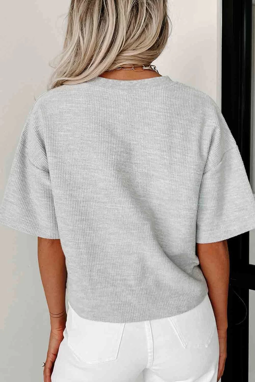 Shewin Women's Gray Plain Rib Knit Drop Shoulder Short Sleeve Top